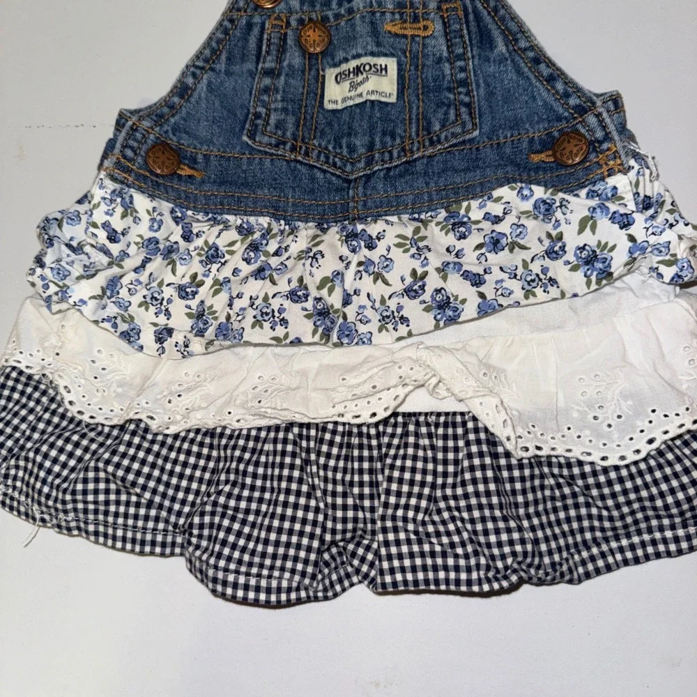 OshKosh B'gosh Dress Baby Girl 9M Blue Denim Floral Gingham Ruffle Vestbak
